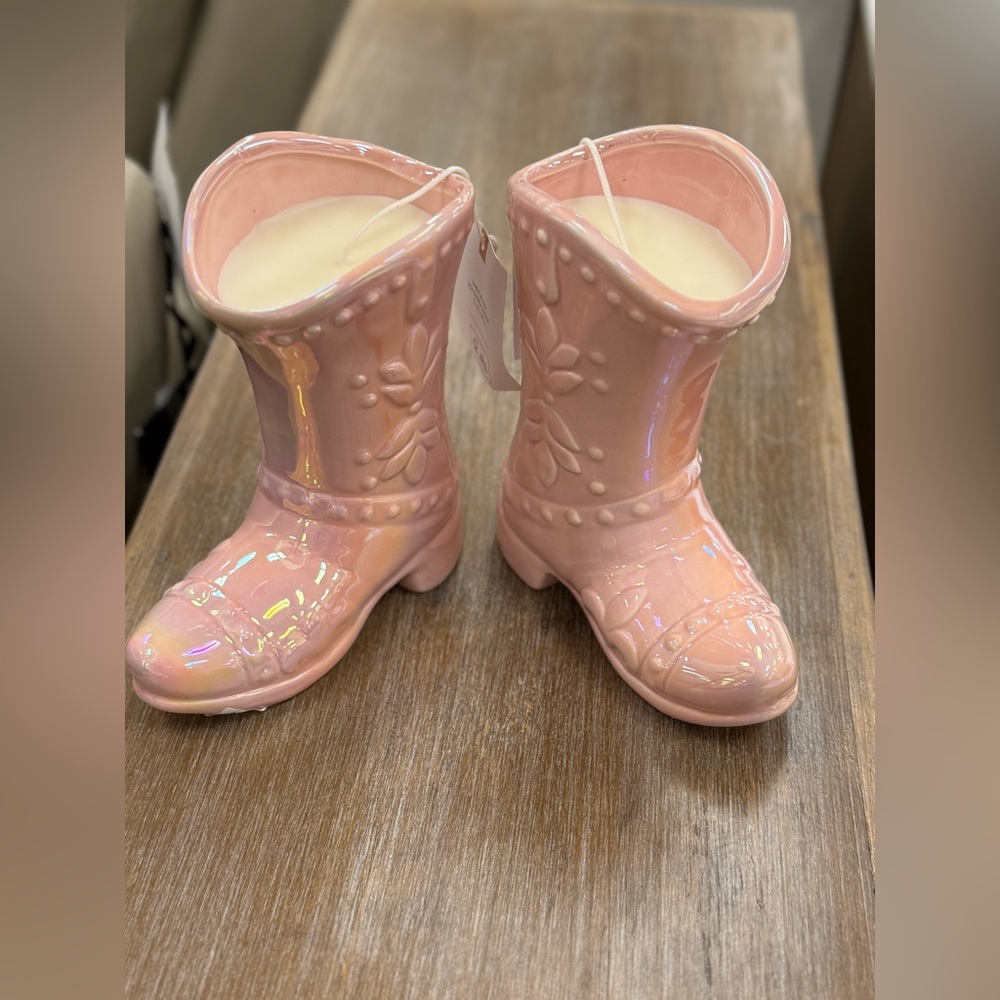 Pink iridescent cowboy 2 boot candles by Jessica Simpson Home